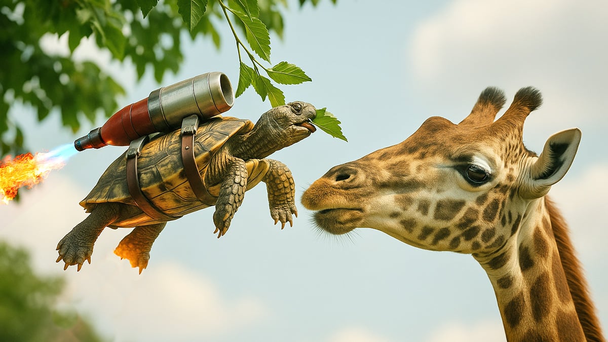 AI-generiertes Bild davon, wie eine Schildkröte mit Jetpack einer Giraffe Blätter an einem Baum vor der Nase wegschnappt