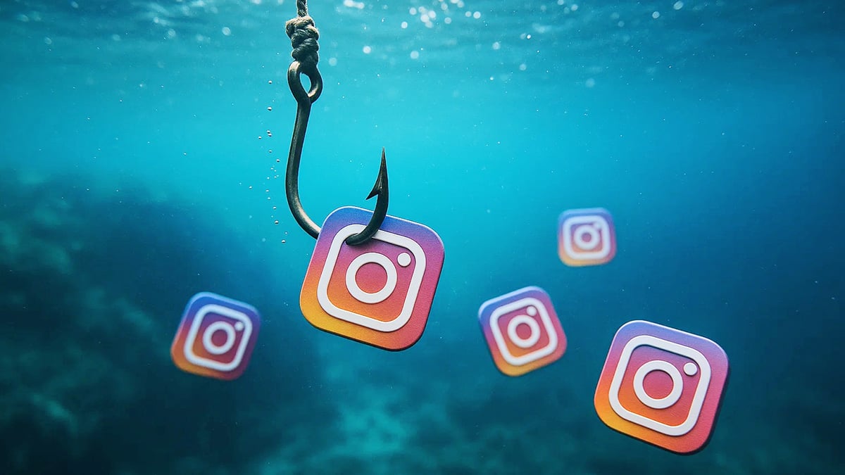 Unter Wasseraufnahme einen Angelhackens, der eines von mehreren Instagram Logos aus dem Wasser fischt als Symbol für eine wirkungsvolle Landingpage. realistisches Foto KI-generiert