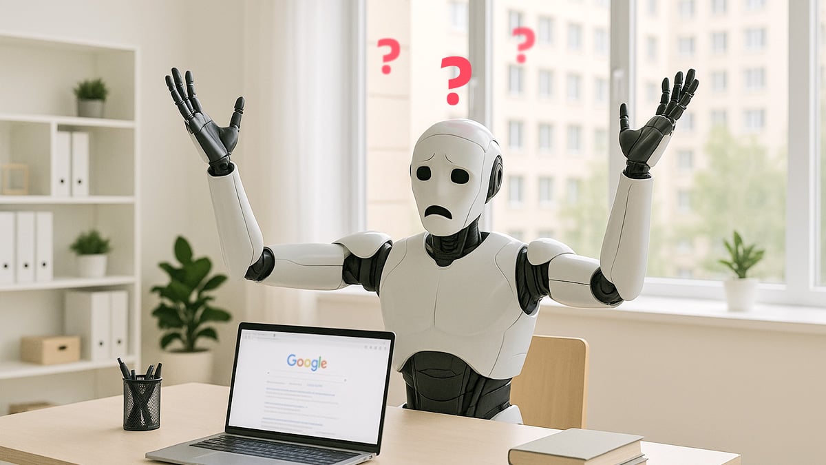 Foto eines Roboters in einem modernen Büro, der vor einem Laptop sitzt. Auf dem Bildschirm ist unscharf ein Suchergebnis von Google zu erkennen. Der Roboter streckt in einer verzweifelten Geste die Arme in den Himmel. Das Bild symbolisiert schlechtes Ranking durch KI-generierte Inhalte