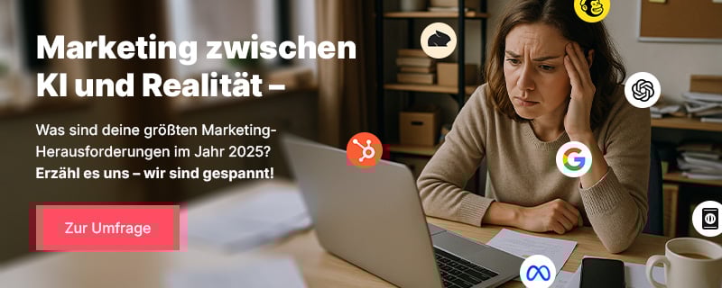 Banner für frenz! Marketing Umfrage. Frau stützt ihren Kopf und schaut auf Laptop