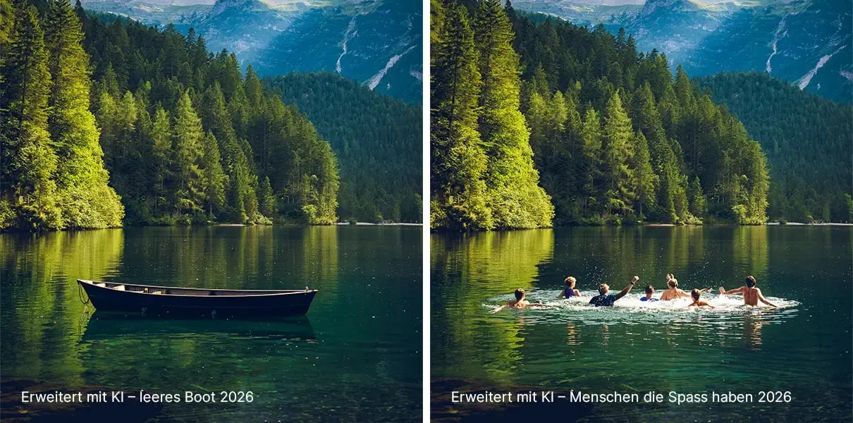 KI-generiertes Bild. Links leeres Boot, recht Menschen im Wasser