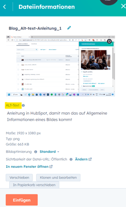 Anleitung in HubSpot, damit man die Alt-Text-Beschreibung hinzufügen kann