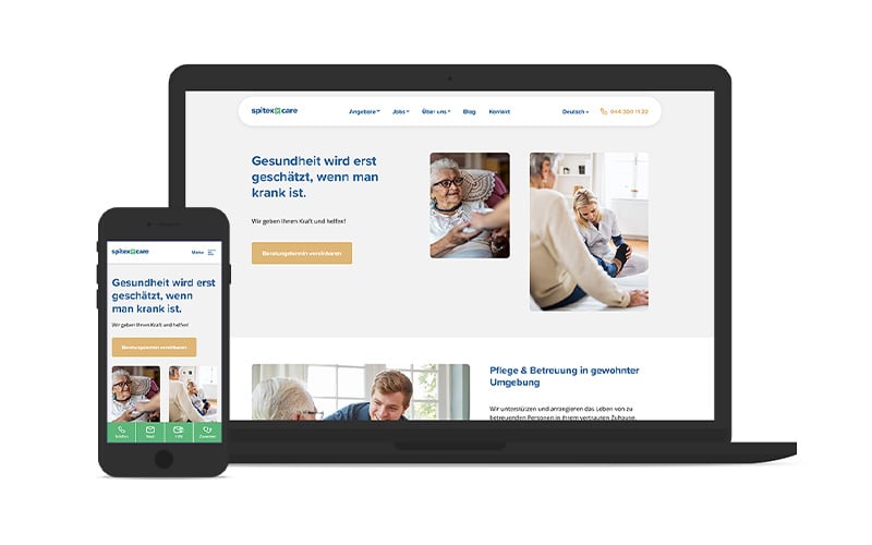 Screenshot der individuell mitHubSpot entwickelten Website für SpitexCare