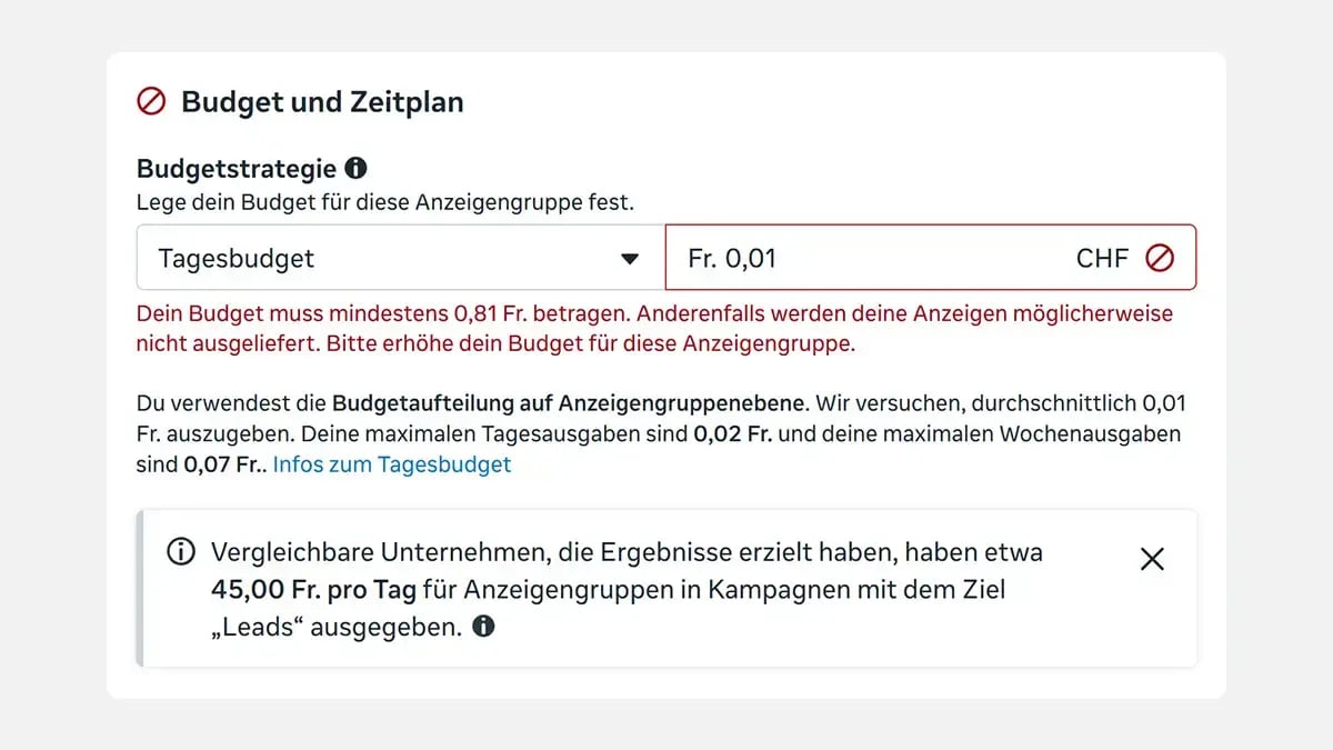 Screenshot Minimalkosten Meta Ads Anzeige