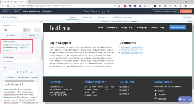 HubSpot Smart-Cotent-Rules Vorschau Kontaktmitgliedschaft als Kriterium (Login Gruppe B)