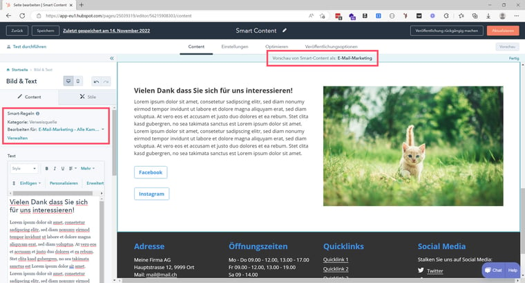 HubSpot Bearbeitungsmodus mit Vorschaueinstellung Smart-Content Verweisquelle E-Mail-Marketing