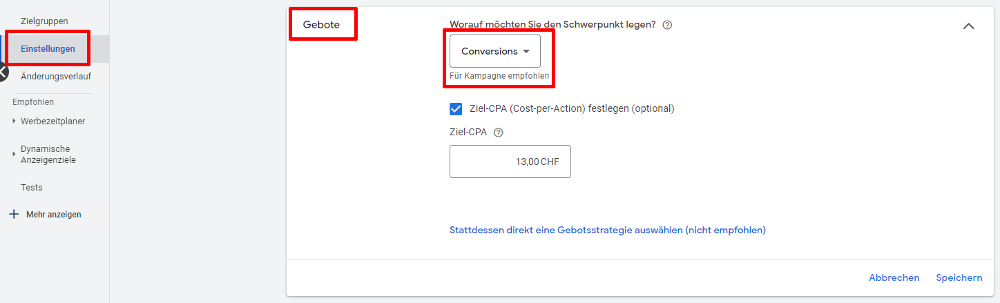 Ausschnitt der Google Ads Seite